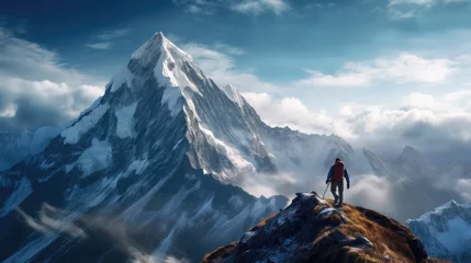 Poster a person standing on mountain, a powerful and inspiring scene with a majestic mountain © Yash