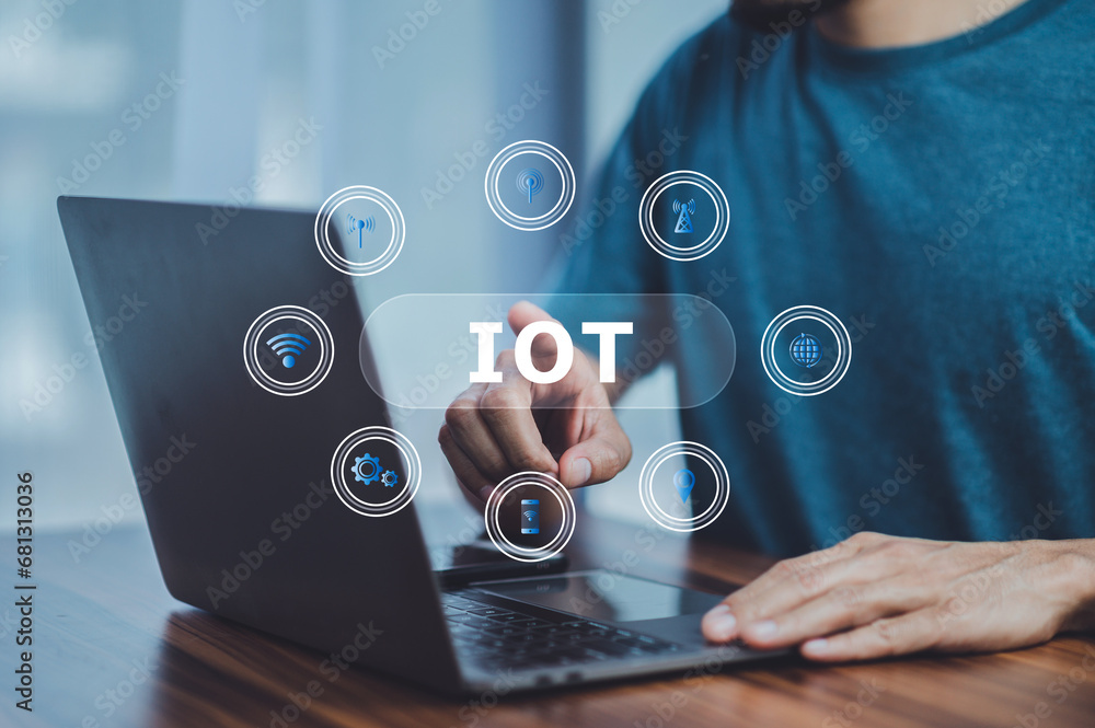 Poster iot of man using computer internet at home, internet of things concept, iot internet of things.
