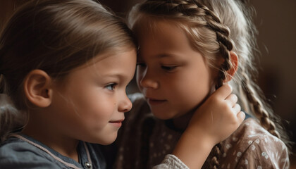 Obraz premium Sibling bonding, innocence, and joy in playful home embrace generated by AI