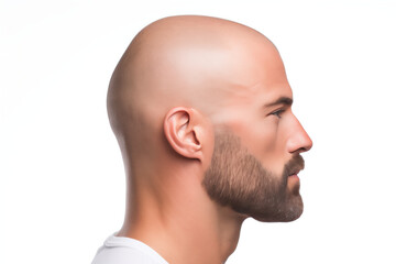 Side view of a bald man with a beard isolated on white - obrazy, fototapety, plakaty