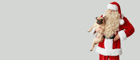 Santa Claus holding cute French bulldog on grey background with space for text