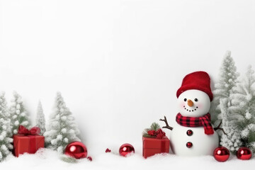 A cheerful snowman adorned with a festive hat and scarf is accompanied by gifts and baubles in a snowy Christmas setting.