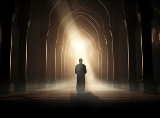 Silhouette of a Muslim man praying in the mosque - obrazy, fototapety, plakaty