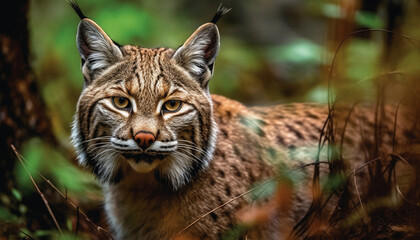 Fototapeta premium Majestic big cat staring, endangered species in wildlife reserve generated by AI