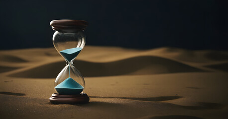 Timeless Concept of Hourglass on Arid Desert Sands with Twilight Sky, Symbolizing Urgency, Patience, and the Inevitable Passage of Time in a Tranquil Nature Setting