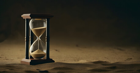 Timeless Concept of Hourglass on Arid Desert Sands with Twilight Sky, Symbolizing Urgency, Patience, and the Inevitable Passage of Time in a Tranquil Nature Setting