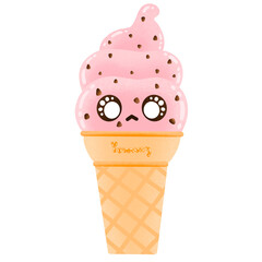 Cute Strawberry Chocolate Chip Ice Cream Mascot Character Kawaii Cartoon illustration Ice Cream Cone Sticker Cute Ice Cream