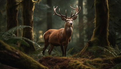Male stag standing in tranquil autumn meadow, surrounded by wilderness generated by AI