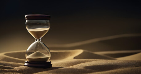 Timeless Concept of Hourglass on Arid Desert Sands with Twilight Sky, Symbolizing Urgency, Patience, and the Inevitable Passage of Time in a Tranquil Nature Setting