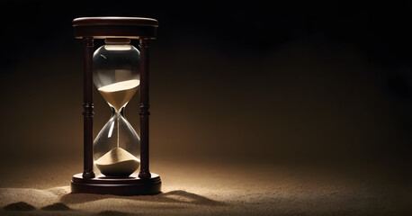 Timeless Concept of Hourglass on Arid Desert Sands with Twilight Sky, Symbolizing Urgency, Patience, and the Inevitable Passage of Time in a Tranquil Nature Setting