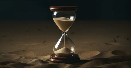 Timeless Concept of Hourglass on Arid Desert Sands with Twilight Sky, Symbolizing Urgency, Patience, and the Inevitable Passage of Time in a Tranquil Nature Setting