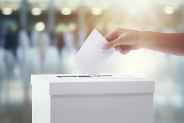 Close up hand of woman putting letter in white ballot box at modern hall in background of blurred people. Voting concept of politics and elections.