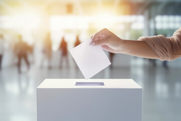 Close up hand of woman putting letter in white ballot box at modern hall in background of blurred people. Voting concept of politics and elections. - obrazy, fototapety, plakaty