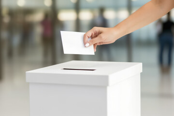 Close up hand of woman putting letter in white ballot box at modern hall in background of blurred people. Voting concept of politics and elections. - obrazy, fototapety, plakaty