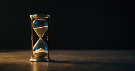 Timeless Concept of Hourglass on Arid Desert Sands with Twilight Sky, Symbolizing Urgency, Patience, and the Inevitable Passage of Time in a Tranquil Nature Setting