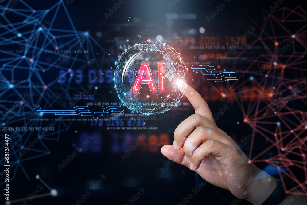 Poster hand of man poing on ai interface digital screen, ai artificial intelligence, data science, informat