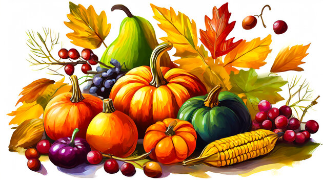 Autumn harvest in gouache with white background