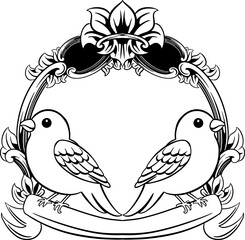 Traditional tattoo of two bird, love bird card with engraving frame