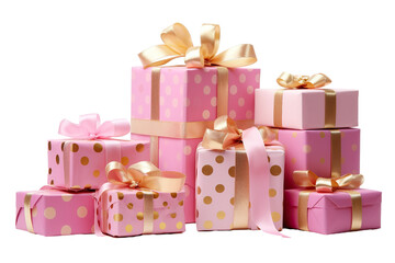 Obraz premium a group of christmas gifts piled, pois pink, Pink and gold isolated on white background PNG