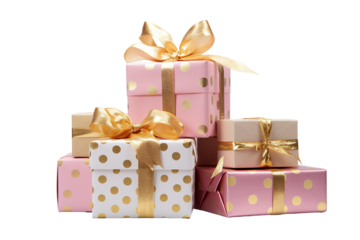 a group of christmas gifts piled, pois pink, Pink and gold isolated on white background PNG