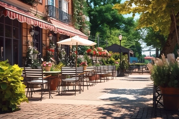 Outdoor table of coffee cafe and restaurant. Summer terrace on city street. Empty outside tables and chairs of outdoor cafe on blur green garden. Cozy outdoor zone cafe and restaurant.