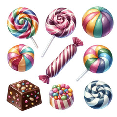 Candies, lollipop, sugar caramel in wrapper, gums and twisted marshmallow on stick. Vector set of sweets, spiral lollypops, striped bonbons and bubblegums isolated on white background