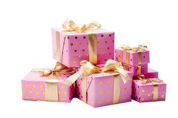 Obraz premium a group of christmas gifts piled, pois pink, Pink and gold isolated on white background PNG