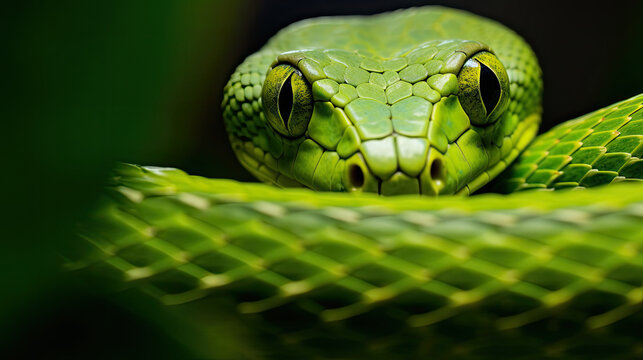 green snake on a branch, Close-up of green tree snake between leaves