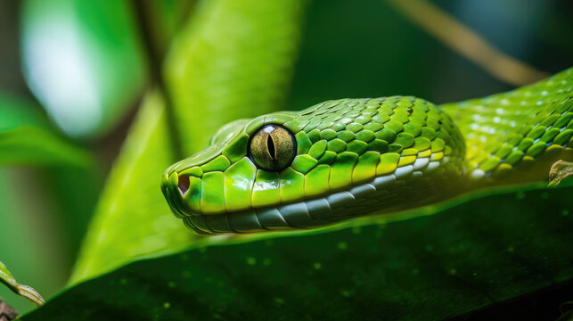 green snake on a branch, Close-up of green tree snake between leaves