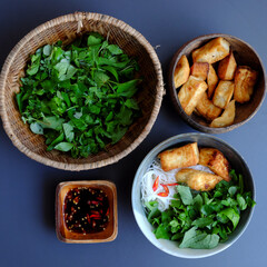 vegan Vietnamese meal, simple homemade food, bun with fried tofu, soy sauce and herbal leaf