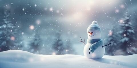 Obraz premium Cheerful snowfall delight. Winter happiness in frosty christmas landscape. Celebrating season with joyful winter scenes. Cute snowman in snowy landscape under blue sky