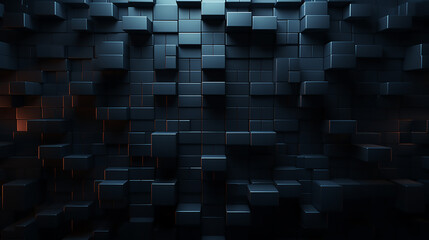 Dark squares and neon light glow abstract background. Realistic wall of cubes. black square pattern...