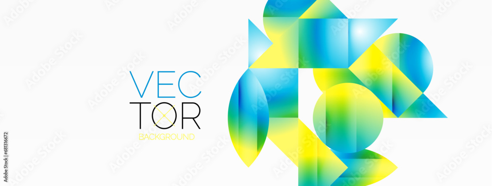 Poster Serene gradient template. Circles and triangles mingle in minimalist perfection. Gentle fusion of forms and hues creates balanced yet captivating backdrop, embodying modern sophistication
