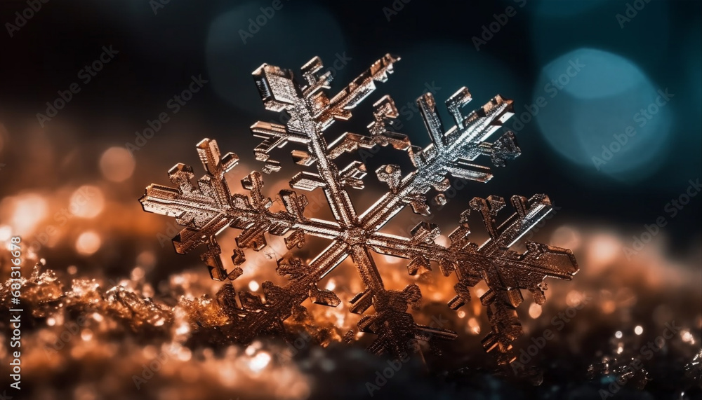 Poster shiny ice crystal defocused in abstract pattern, illuminated by glitter generated by ai
