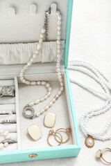 Organizer and stylish jewelry on white background