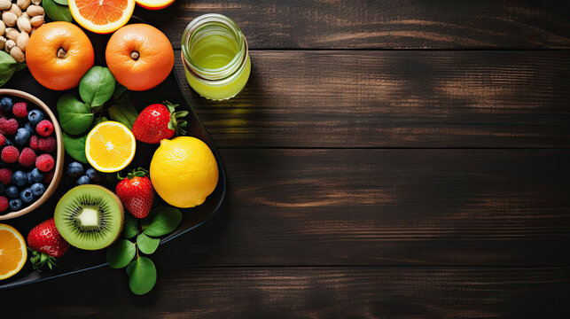 Fitness concept, weight plates, dumbbells, sandwich, fruits and orange juice on wooden background, top view , flat lay