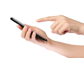 Fototapeta premium Hand holding the black smartphone on isolated background.