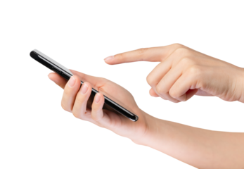 Hand holding the black smartphone on isolated background.