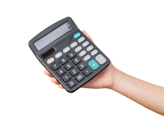 Hand holding blank calculator on isolated background.