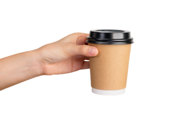 Hand holds coffee paper cup on isolated background.