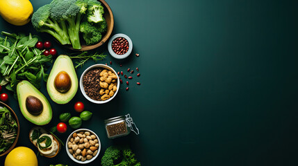 fitness and a healthy food lifestyle is depicted in a flatlay image with dumbbells, a diet lunch  on dark baackground, top view, flat layout - obrazy, fototapety, plakaty