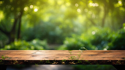 Empty wood plank table top with blur park green nature background bokeh light. Mock-up for display or montage of product.