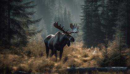 Majestic stag grazes in tranquil meadow amidst pine trees generated by AI