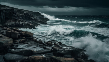 Fototapeta premium Rough stone coastline, crashing waves, dramatic sky at dusk generated by AI