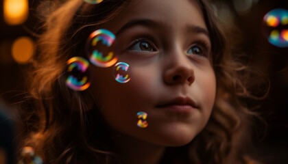 Naklejka premium Carefree girl blowing bubbles, enjoying playful summer fun outdoors generated by AI
