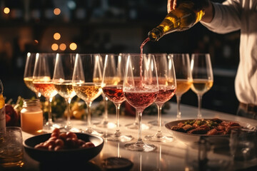 Wine expert pouring wine into glasses in a room full of food plate.