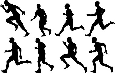 Running men, Runner silhouette set of sprinters, runners and joggers running track or jogging. Male athletes racing in high HD resolution. Race competition poster, banner, flyer or sticker idea.