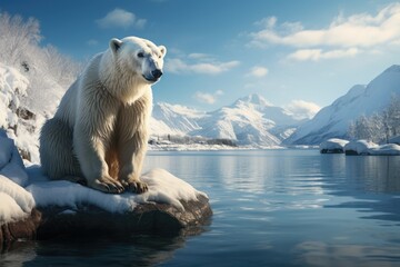 Wild polar bear in its natural environment. Life of polar Northern bears.