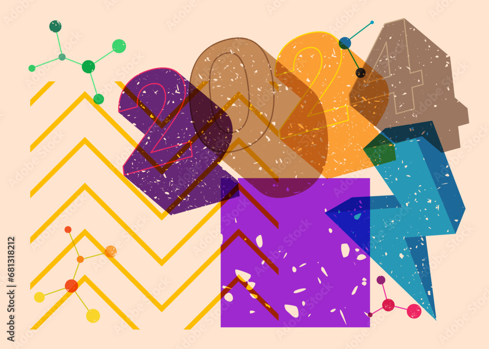 Poster risograph number 2024 with geometric shapes. objects in trendy riso graph print texture style design