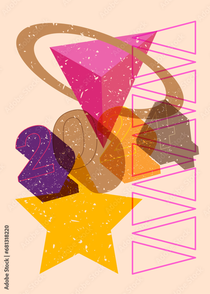 Poster risograph number 2024 with geometric shapes. objects in trendy riso graph print texture style design